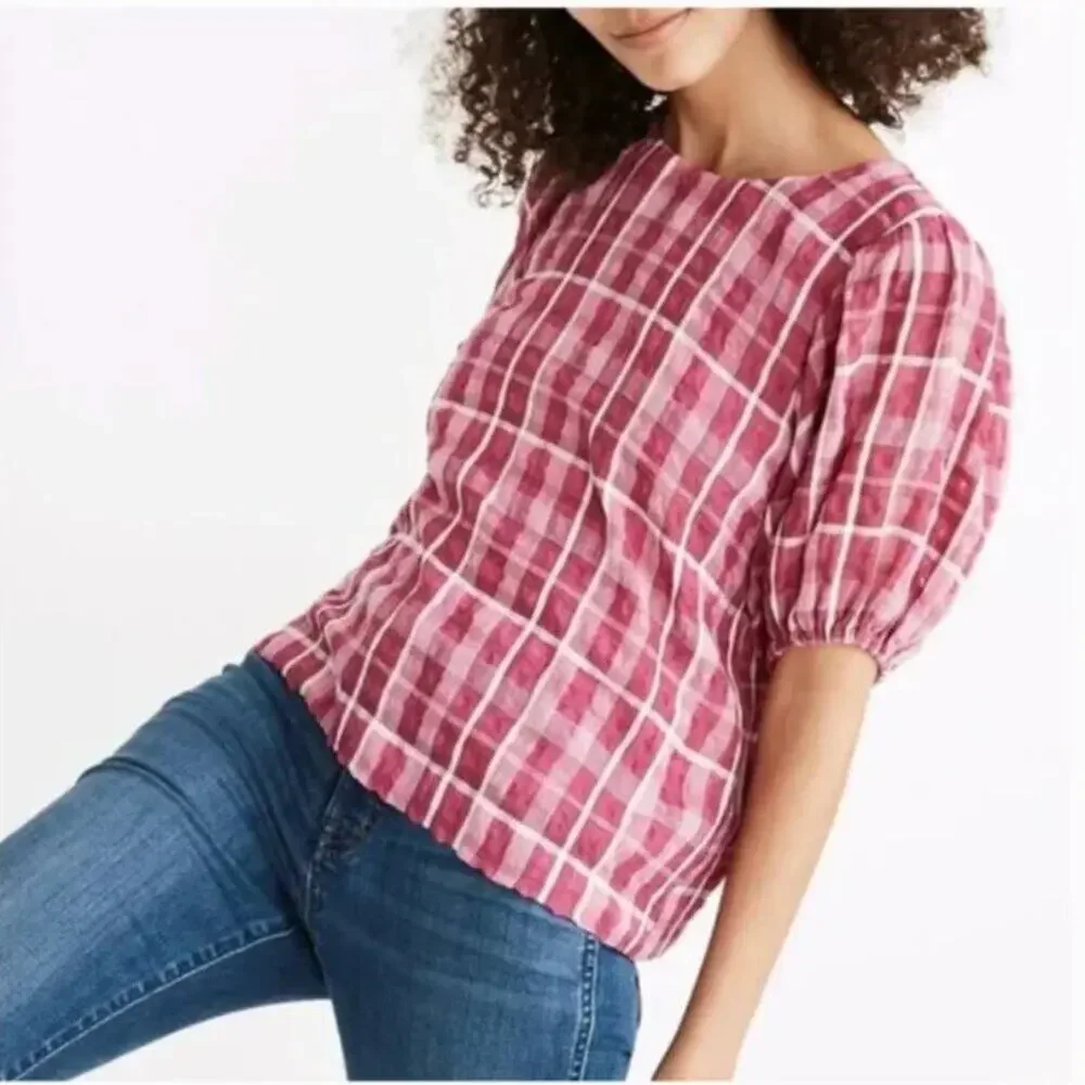 Madewell Pink Plaid Puff-Sleeve Top